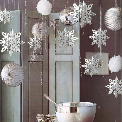 OuMuaMua Winter Christmas Hanging Decorations - 12PCS 3D Large Silver Snowflakes & 12PCS White Paper Snowflakes Garland