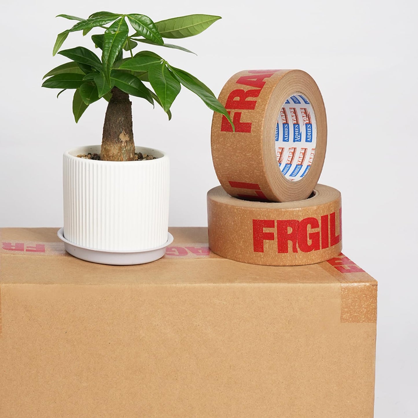 ADHES Fragile Tape, Biodegradable Kraft Paper Tape - 2in x 55yds, 6 Rolls, Strong Adhesive, Eco-Friendly Paper Packing Tape for Shipping & Moving, Heavy Duty Protection for Fragile Items