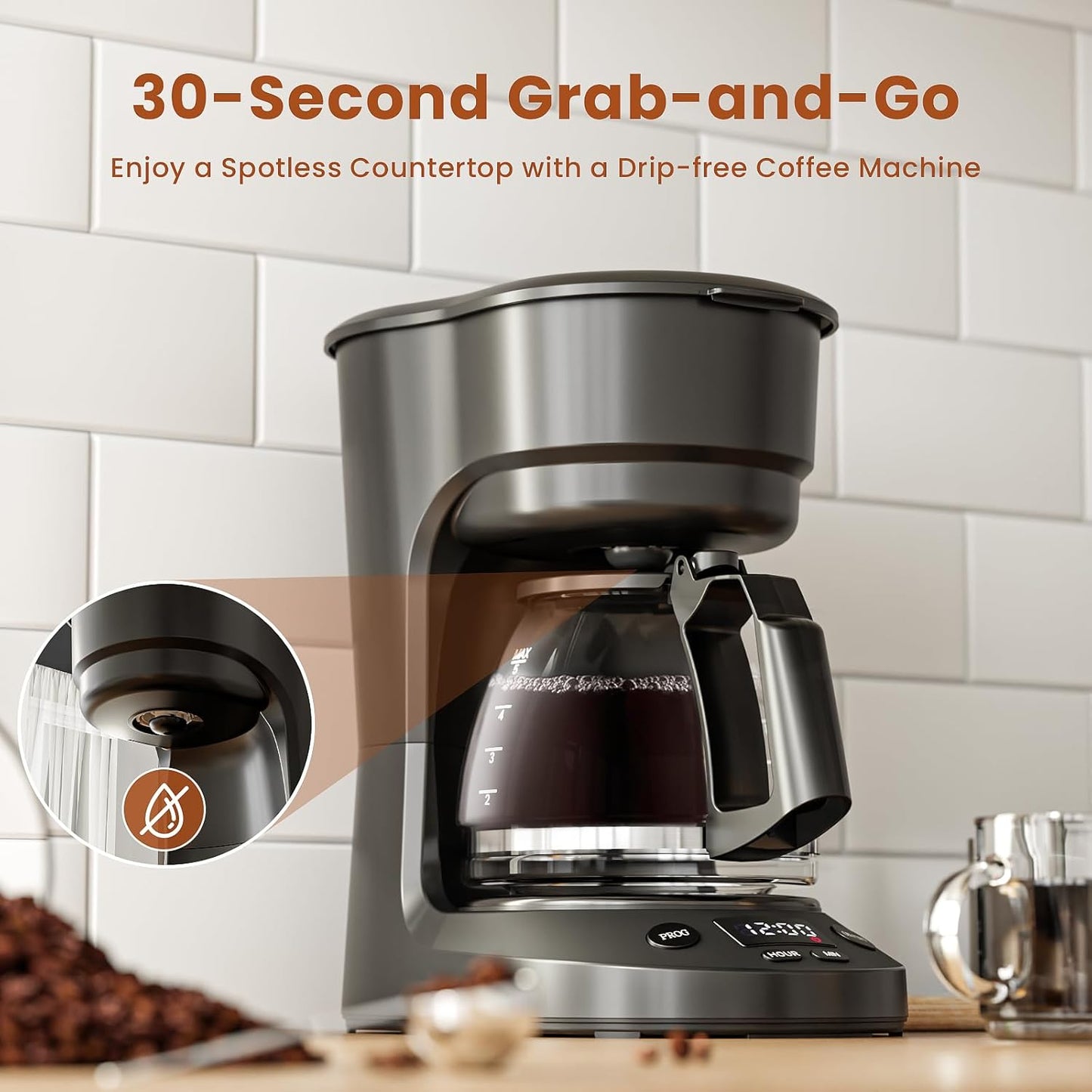 5 Programmable 25oz WAA Cup Drip Coffee Maker, Portable Coffee Machine with Glass Pot, Includes Hot Plate and Reusable