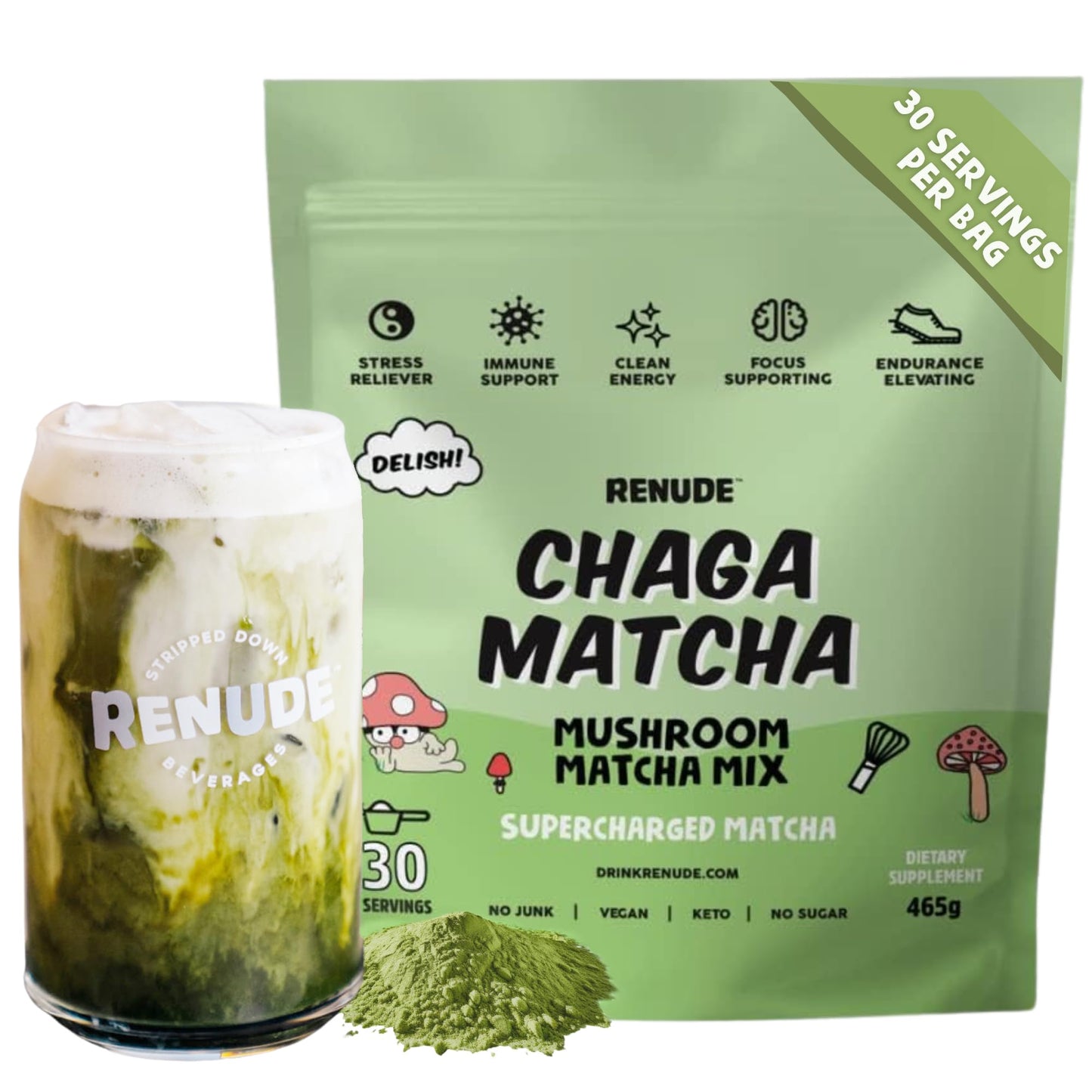 Renude Chaga Matcha - Chaga Mushroom Powder, Ceremonial Grade Matcha Superfood Drink Mix with Adaptogens, Keto, Vegan, Sugar Free, Natural Energy and Immune Support - 30 Servings