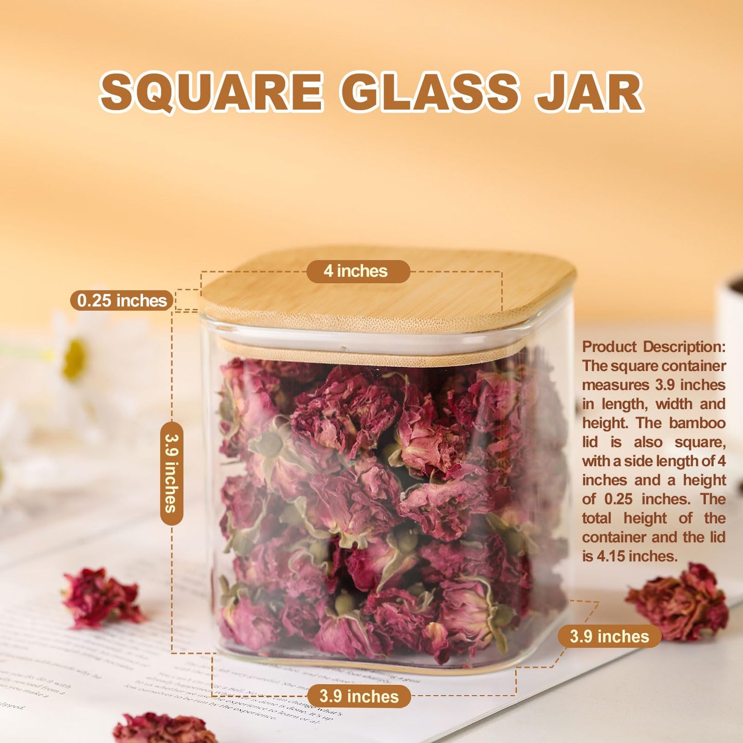 4-Pack Glass Storage Square Jars with Bamboo Lids Single 24 fl oz/720ml,Glass Canister Set, Airtight Containers for Kitchen Dry Goods, Coffee, Tea, Sugar,Flour ,Candy, Cookie, Spice