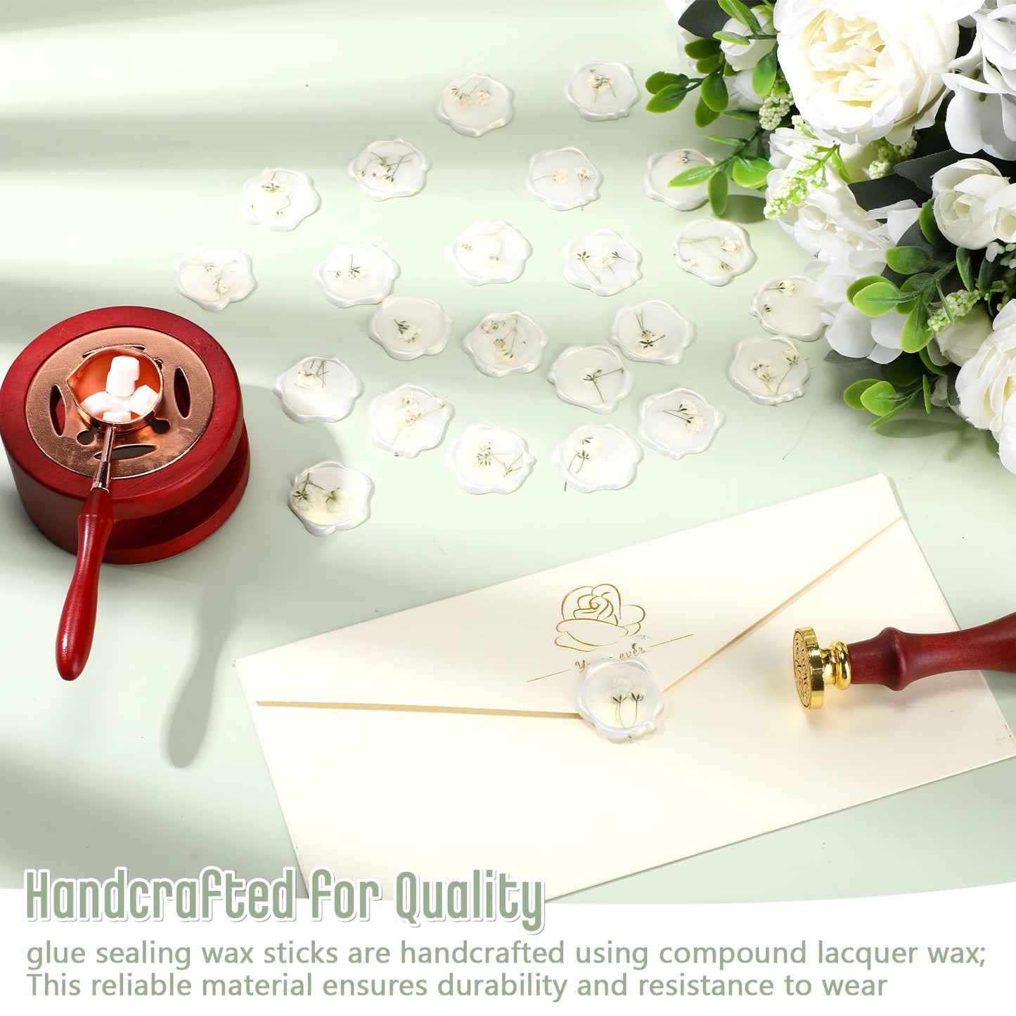 Qilery 100 Pcs Wax Seal Stickers Babys Breath Dried Floral Envelopes Seals Stickers Bulk for Wedding Invitation Bridal Shower Birthday Party Letter Greeting Cards Gift Wrapping, Self Adhesive (White)