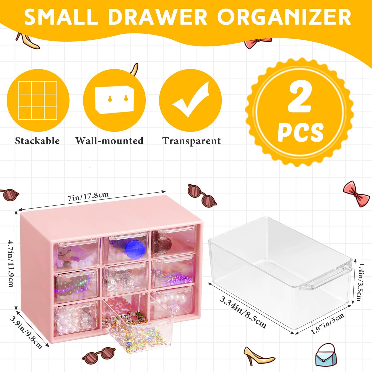 Wenqik 2 Pcs Mini Storage Drawers Teacher Toolbox Organizer with 9 Clear Drawers Small Plastic Desktop Teacher Desk Craft Organizer for Classroom Office 7" x 3. 9" x 4. 7"(Pink)