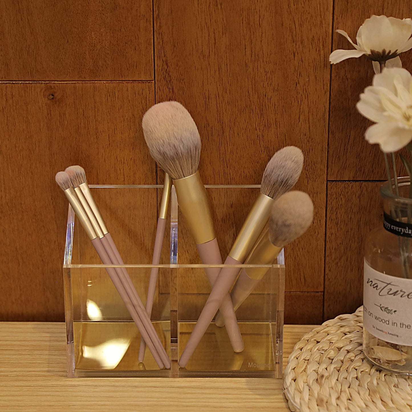 Mouchoi Modern Acrylic Pen Holder with 2 Compartments Gold Base, Multifunctional Pencil Holder for Desk Gold Mirror, Makeup Brush Holder, Marker Holder for Office, Classroom, Home