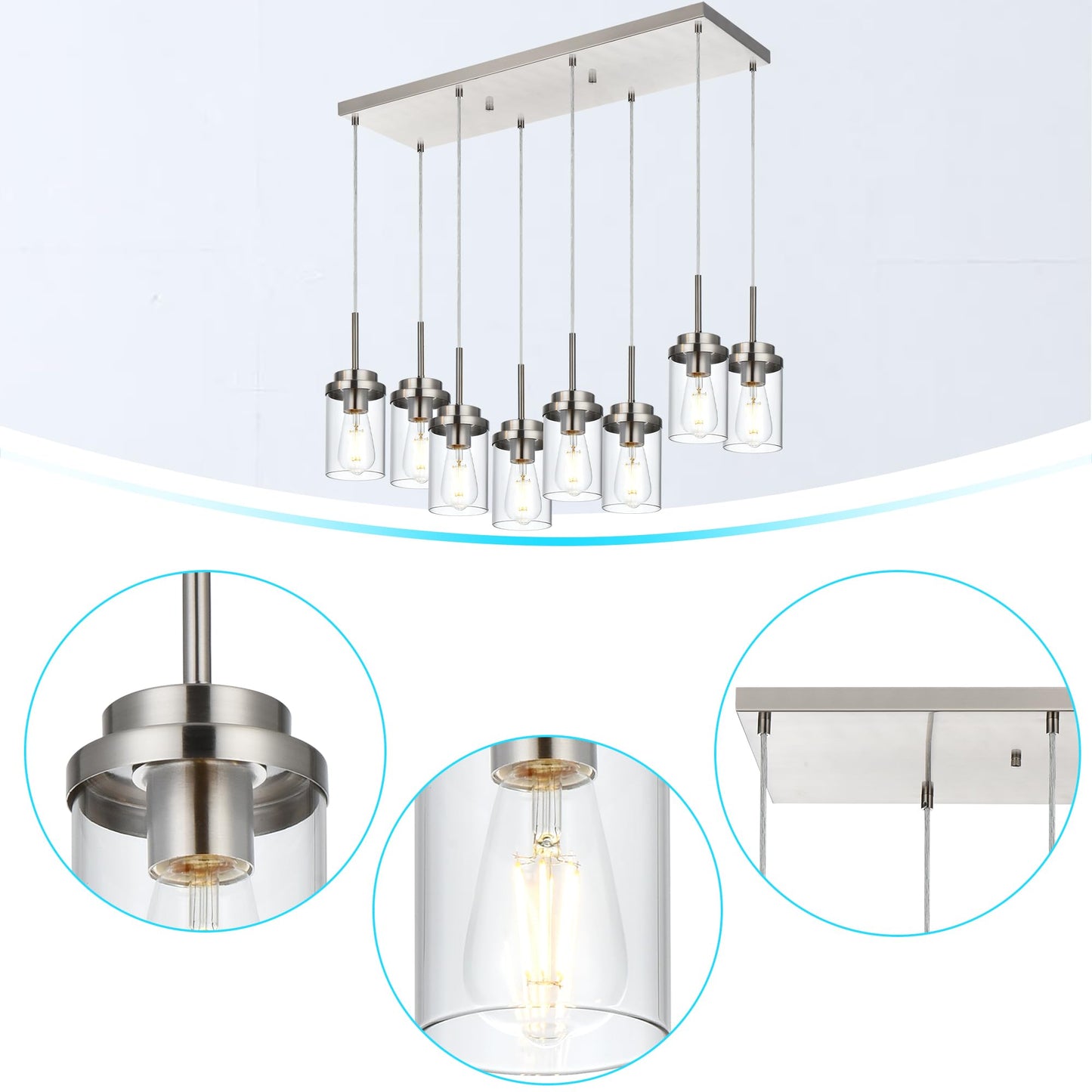 BONLICHT 8 Light Farmhouse Chandelier for Dining Room, Modern Industrial Foyer Linear Pendant Light Traditional Brushed Nickel Kitchen Island Lighting Fixture Hanging Ceiling Lights with Clear Glass
