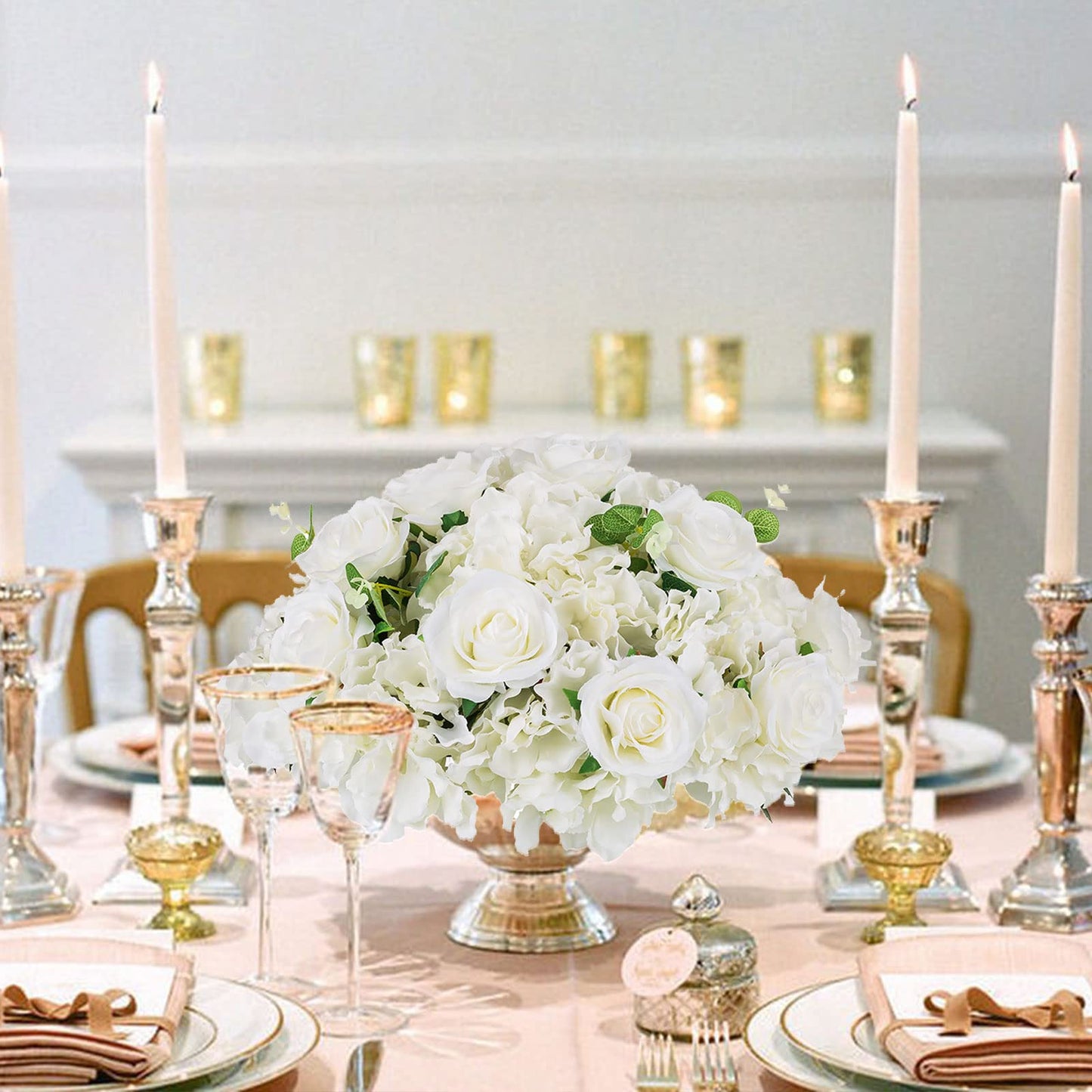 BLOSMON Wedding Flower Centerpieces for Tables: 10 Pcs 15.7" Large White Rose Hydrangea Artificial Flowers Ball Decorations - Faux Silk Floral Bouquet Arrangement for Home Party Event Decor