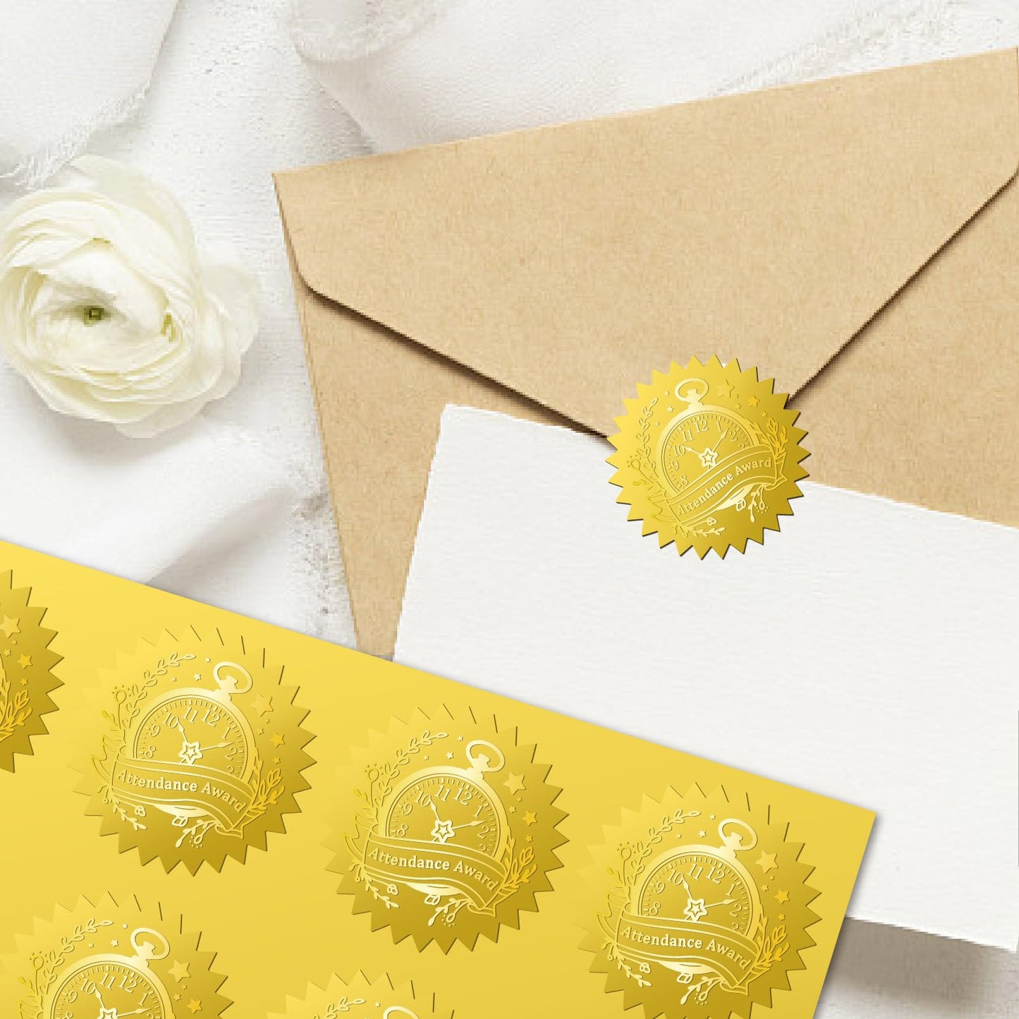 CRASPIRE 408Pcs Attendance Award Clock Gold Foil Embossed Stickers 2" Self Adhesive Envelopes Seals Round Labels for Wedding Invitation Graduation Corporate Certificates Diplomas Gift Wrapping Decor