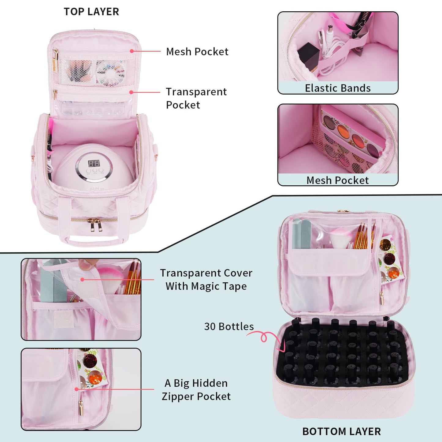 VOFIpremiAm Nail Polish Organizer Case Fits Nail Lamp and 30 Bottles,Nail Organizers and Storage for Nail Tech Travel,Waterproof Nail Polish Storage Bag Fits Nail Kit & Manicure Tools (Patented)