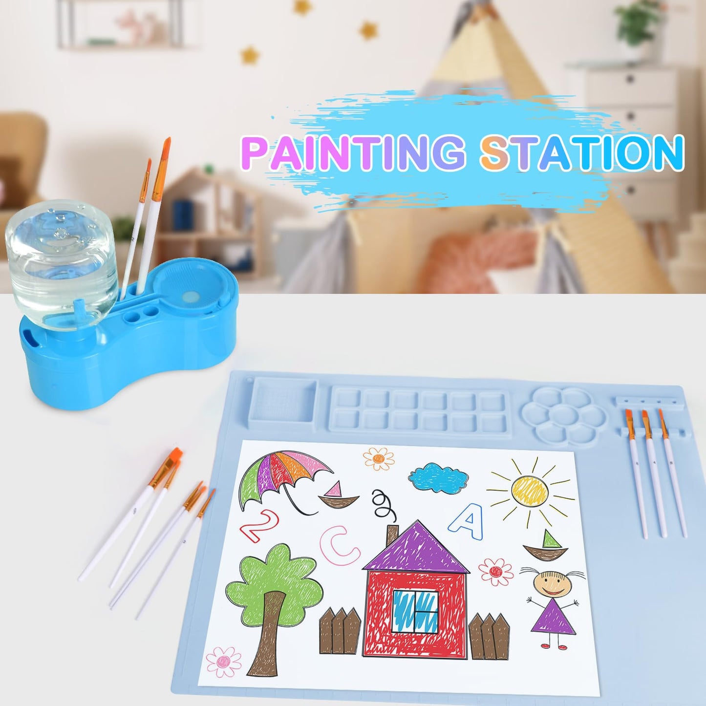 Mikiwon Painting Station, Paint Brush Cleaner and Silicone Art Mat 20"X16" with 10 Paint Brushes, Paint Brush Rinser, Art Supplies Set (Blue)