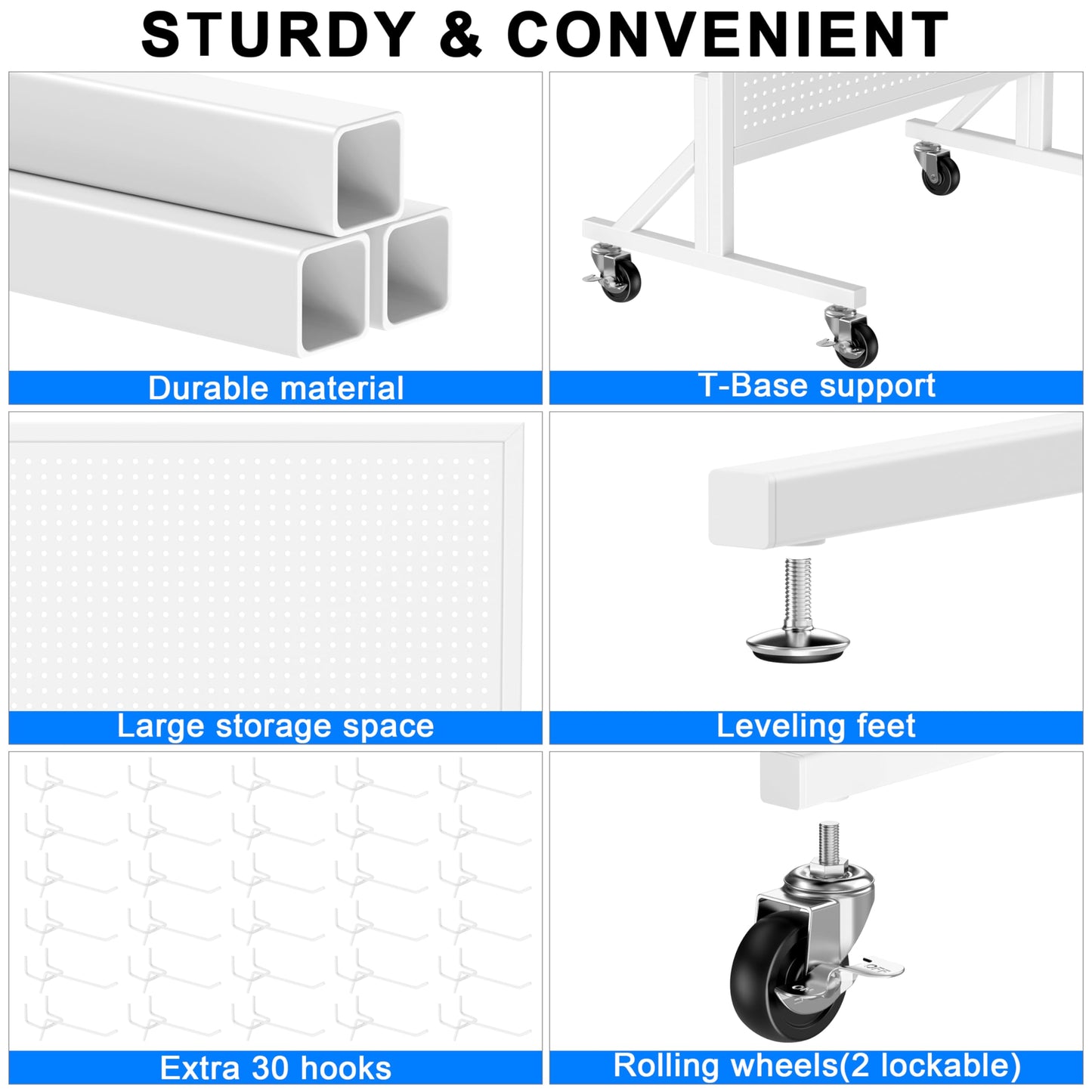 Folews Metal Peg Board Display Stand 24″ x 70″, Freestanding Pegboard Organizer with Wheels & 30 Hooks, Portable Rolling Pegboard Display Rack for DIY Retail Craft Fair Garage Display & Storage, White