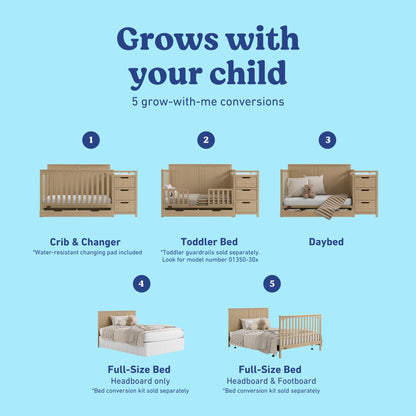 Graco Hadley 5-in-1 Convertible Crib & Changer – GREENGUARD Gold Certified, Fits Standard Crib Mattress, Converts to Toddler Bed and Full Bed, 4 Adjustable Mattress Heights (Driftwood)