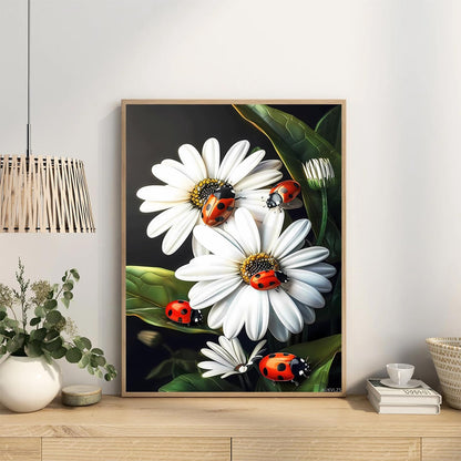 AUKVLZS 5D Diamond Painting Kit Ladybugs on Beautiful Flowers Diamond Art Kits for Adults DIY Flower Round Full Drill Paintings with Diamonds Gem Art for Adults Home Wall Decor 12x16 inch