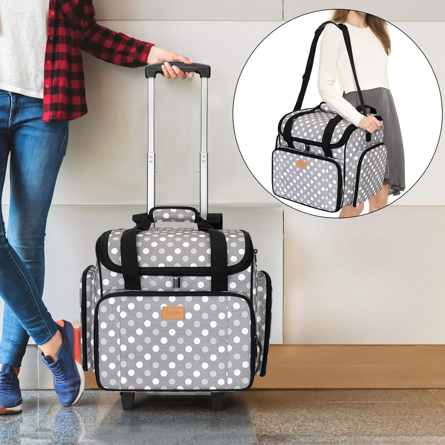 LUXJA Sewing Machine Case with Detachable Dolly, Sewing Machine Tote with Removable Bottom Pad (Patent Design), Gray Dots