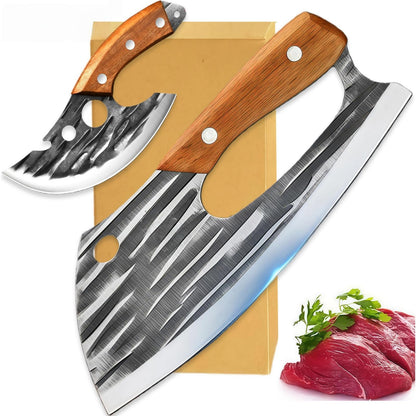 Wruhamd 2 Pcs Meat Cleaver Knife Set, Effort Saving Meat Cleaver for Cutting Meat Vegetable, Sharp Carbon Steel Cooking Viking Knife with Leather Sheath for Kitchen, Camping, Outdoor Cooking, BBQ Gift