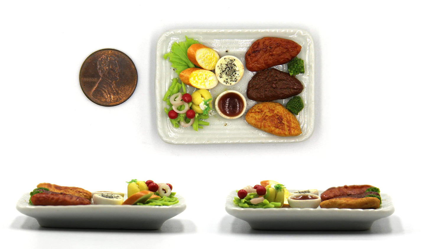 Lovely Mixed 5 Assorted Hawaiian Grilled, Steak, with Appetizer Dish Dollhouse Miniature Food, Tiny Food for Collectibles, Compatible with Barbie Dollhouse and Diorama Scale 1:6, 1/6