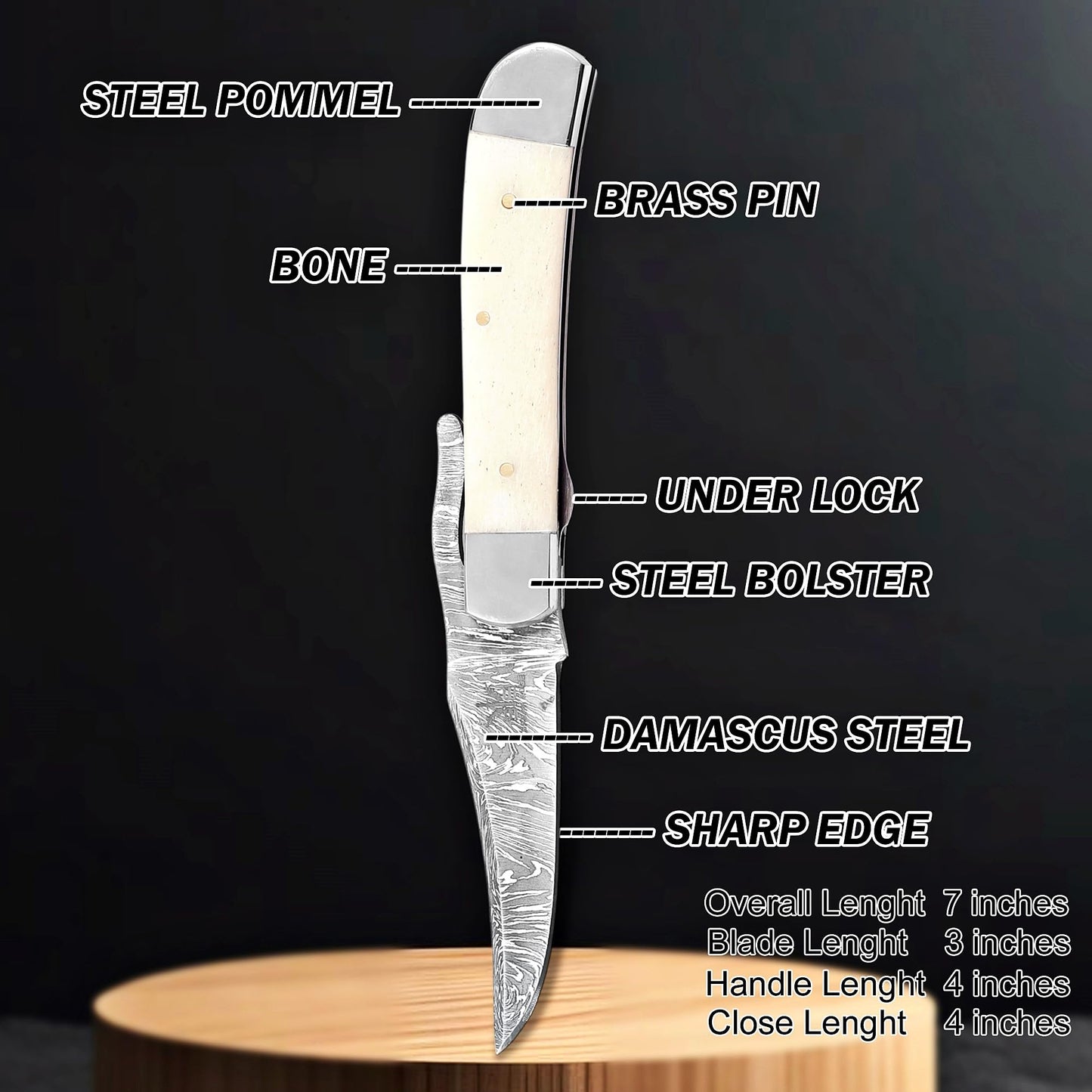 BE BREAK EDGE Handmade Damascus Steel Russlock Folding Knife with Yellow Striped Handle and Leather Sheath