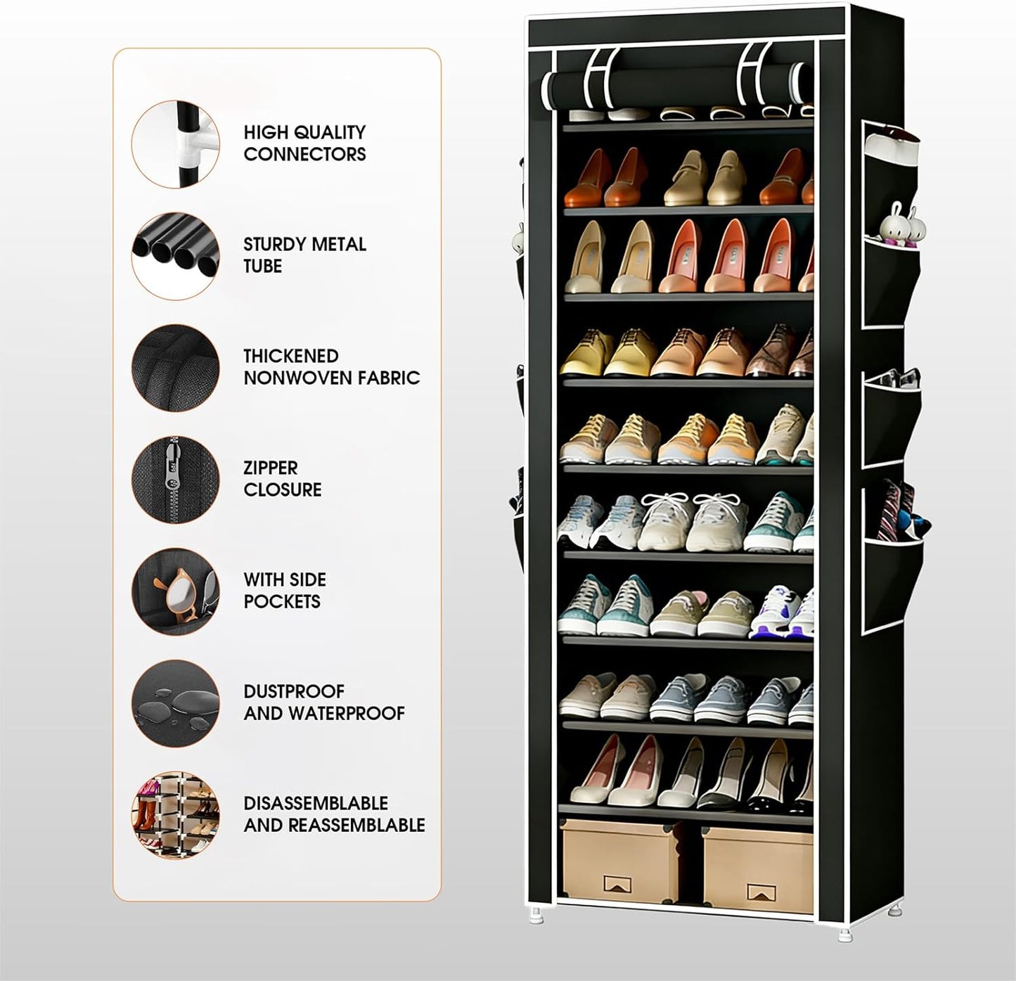HOACHAN 10-Tier 30-38 Closet Shoe Rack with Dustproof Cover, Large Capacity Shoes Storage Organizer Holds Pairs