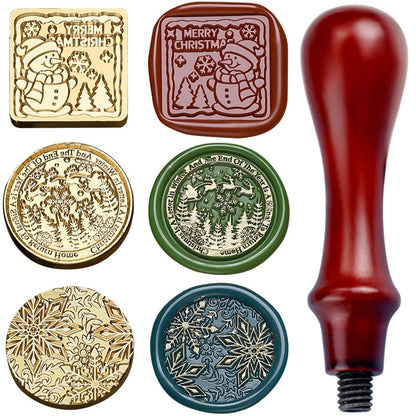 3D Vintage Christmas Wax Seal Stamp Kit - Snowflake Snowman Xmas Tree Elk Designs with 3 Copper Brass Heads and 1 Wooden Handle for Envelope & Gift Wraps