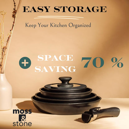 Moss & Stone Nonstick Cookware Set - 10-Piece Space-Saving Pots and Pans with Removable Handles | RV & Induction Ready