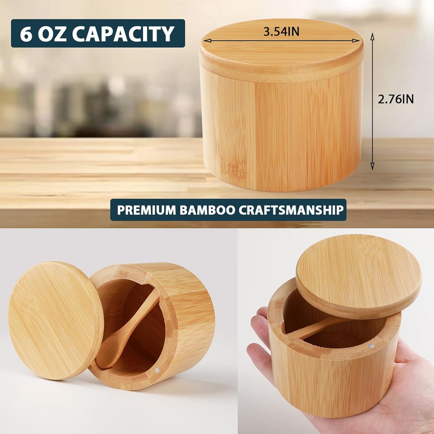 2 Countertop Timtopno Bamboo Salt Cellar, PCS Salt Container with Built-in Spoon, Salt Box Bowl with Magnetic Swivel