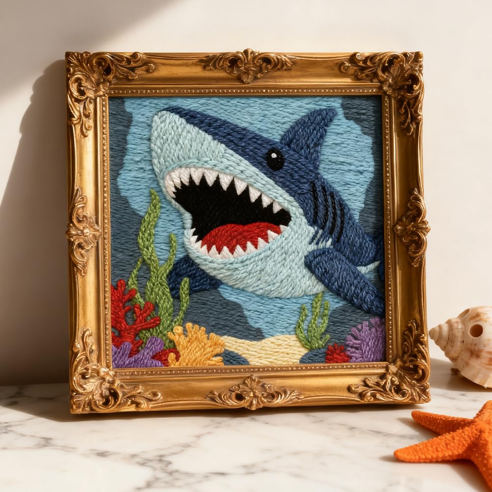 INFUNLY Blue Shark Punch Needle Kit 9.4x9.4 inches Punch Needle Embroidery Kits Ocean Animal DIY Needles Stitching Kits for Beginners with Instruction Yarns Christmas Birthday Hanging Decor
