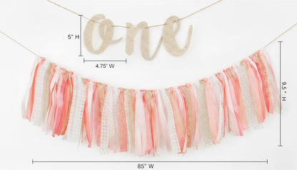 1st Set PapaKit Girls Birthday High Chair Premium Decoration - Pink & Gold Ribbon Garland, Crown, One Banner & Cake