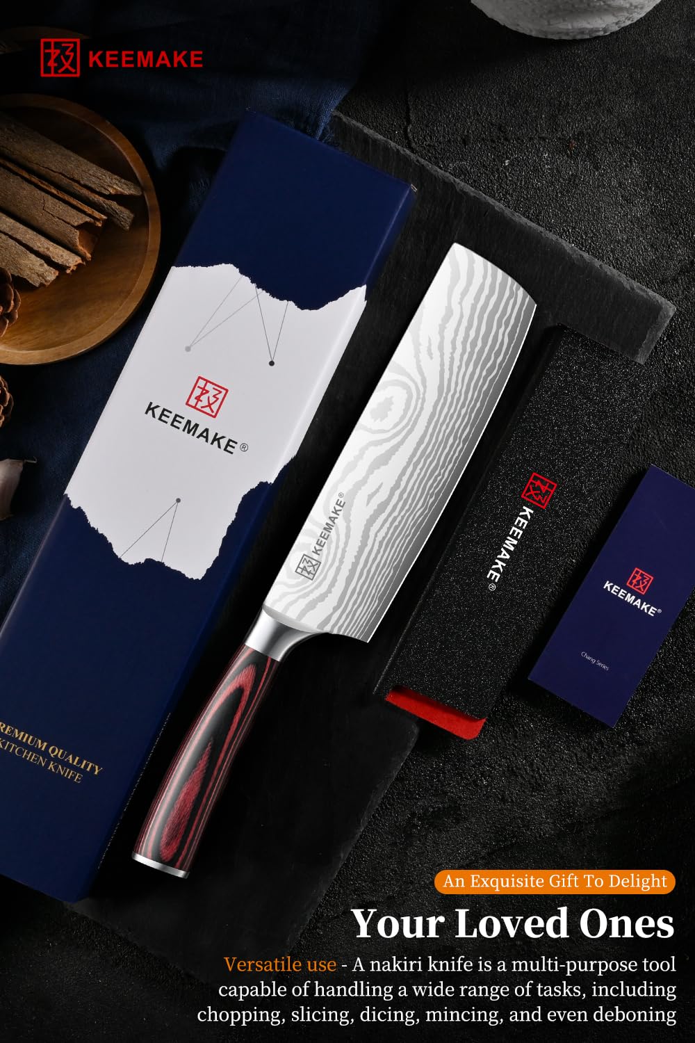 KEEMAKE 7 Inch Nakiri Knife - Japanese Kitchen Vegetable Cleaver, Razor Sharp German High Carbon Meat Slicing Cutter, Ergonomic Pakkawood Handle with Sheath, Father Day Gifts