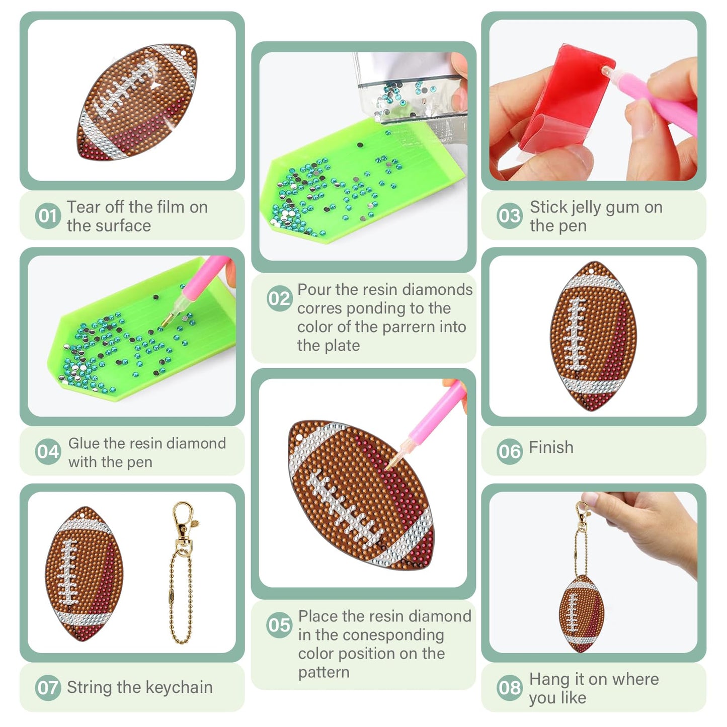 INCOK Ball Diamond Art Keychains - 16 Pcs Diamond Painting Ornament Kits DIY Basketball Football Baseball Softball Key Chain Set Gem Art Crafts Birthday Festival Gift for Adult Beginners Sport Lover