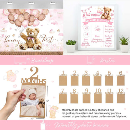 Hombae Beary First Birthday Decorations for Girl, Teddy Bear 1st Birthday Party Supplies, Pink Ivory Balloon Garland, Girl Baby Photo Banner, Bear Birthday Themed Decor Party Pack
