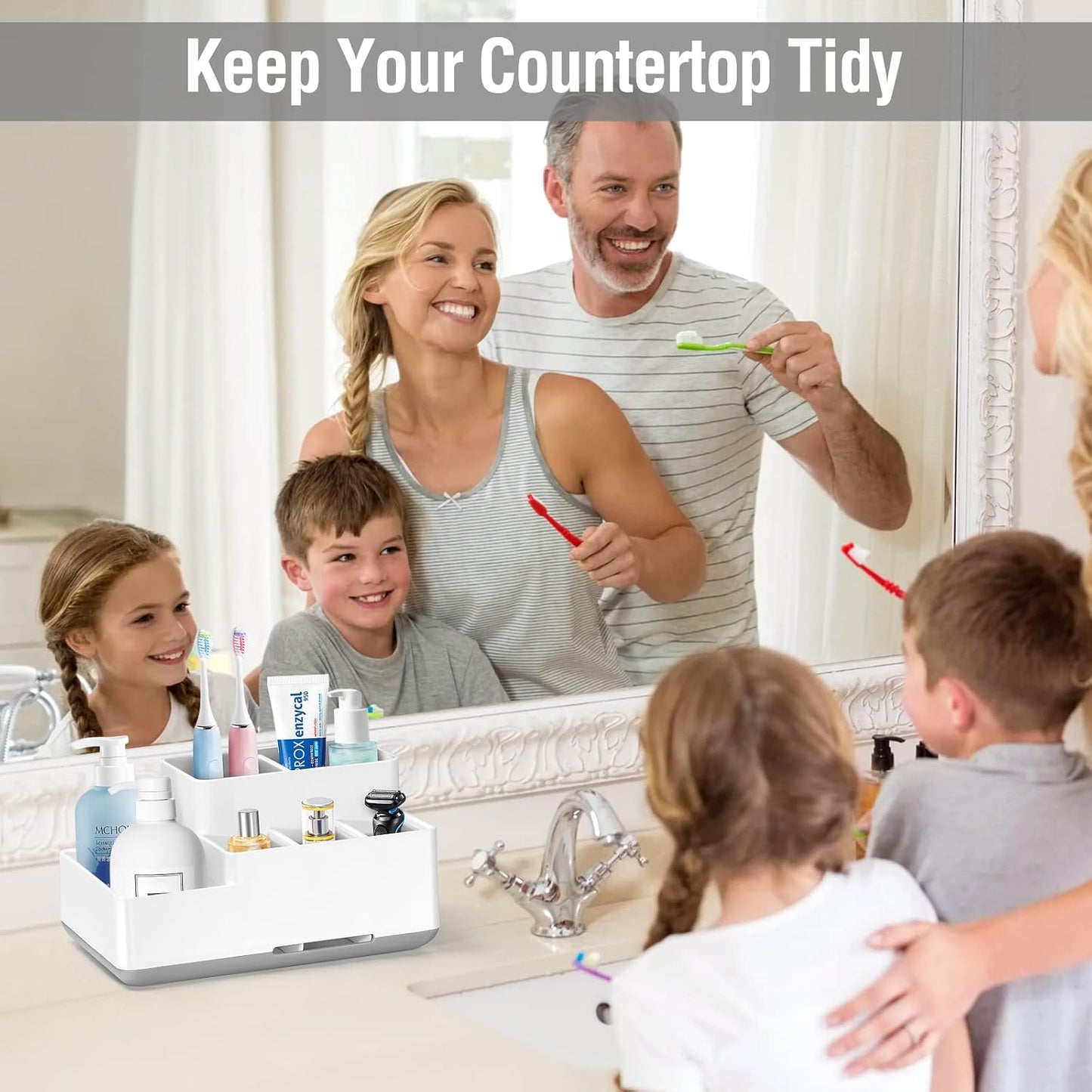 Electric Toothbrush Holder, Detachable Non-Slip Bathroom Organizer with 6 Compartments and Drainage Holes