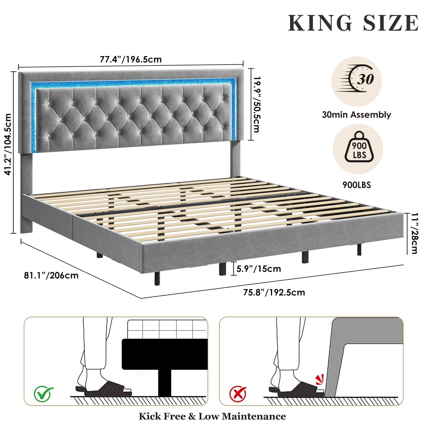 Floating Queen Platform Bed Frame with Smart LED Lights – Modern Diamond Upholstered Headboard, Noise-Free Wood Slats, Under-Bed Storage, Easy Assembly, Contemporary Bedroom Furniture, King Gray