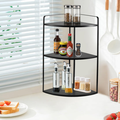 OKLILIYA 3 Tier Corner Bathroom Counter Organizer, Countertop Organizer, Makeup Organizer Countertop, Bathroom Storage Sink Shelf, Wooden and Metal Counter Shelf (Large Capacity-Black)