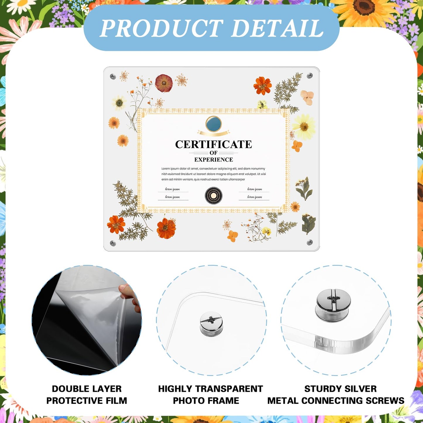 Lineshading Pressed Flower Diploma Frame Floating Clear Acrylic Degree Frame Wall Mount Picture Frames with Dried Pressed Flowers for Certificate Degree Painting Artworks DIY Craft, 15.4 x 12.4 Inch