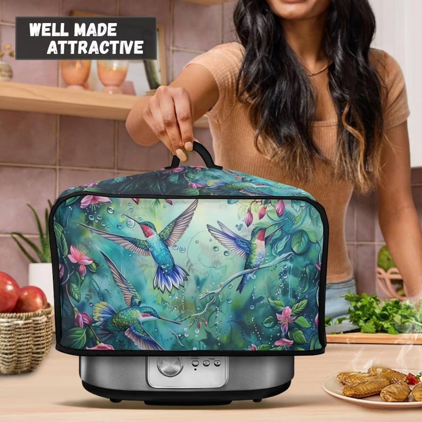 Hummingbird Crock Pot Cover, Floral Slow Cooker Dust Cover with Storage Pockets, Machine Washable