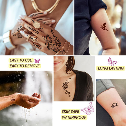 MuseLuxe 126 PCS Temporary Tattoos Stencils Kit,Temporary Tattoos Kit - 6 Pcs 2 Color(Brown Black) Ink with Gloves,DIY Body Art Painting for Women Men Adults Kids