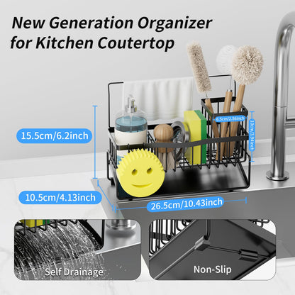 Adurei Sponge Holder for Kitchen Sink 304 Stainless Steel Self-Draining Sink Caddy with Smiley Face Sponge and Brush Holder Towel Bar and Divider Kitchen Gadgets Organizer for Countertop, Black