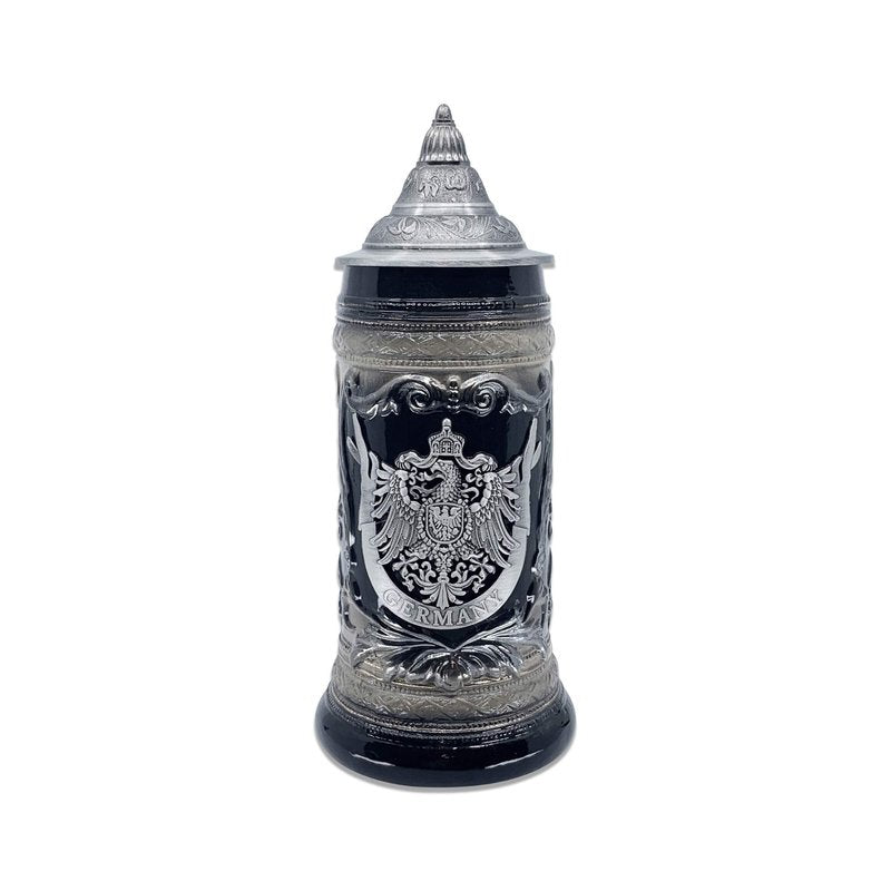 OktoberfestHaus German Adler (Eagle) Stein Mug With Lid - 1 Liter Charcoal Black Ceramic Beer Stein With Metal Emblem - Collectible Bier Krug for Men, Beer Lovers Gift