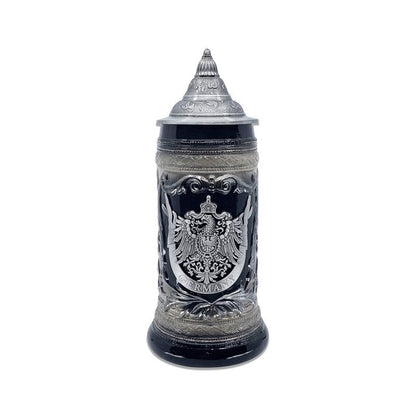 OktoberfestHaus German Adler (Eagle) Stein Mug With Lid - 1 Liter Charcoal Black Ceramic Beer Stein With Metal Emblem - Collectible Bier Krug for Men, Beer Lovers Gift