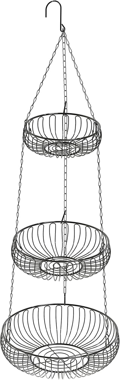 Simple Houseware Adjustable Metal Hanging Fruit Basket, Oblate, Black, 11" W x 11" L x 30" H