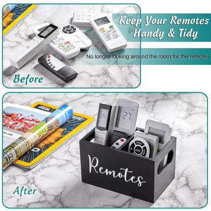 DRASTAR Remote Control Holder, TV Remote Holder, Remote Organizer Caddy for Table, Wooden Remote Box for Nightstand, Black Remote Caddy with 2 Slots