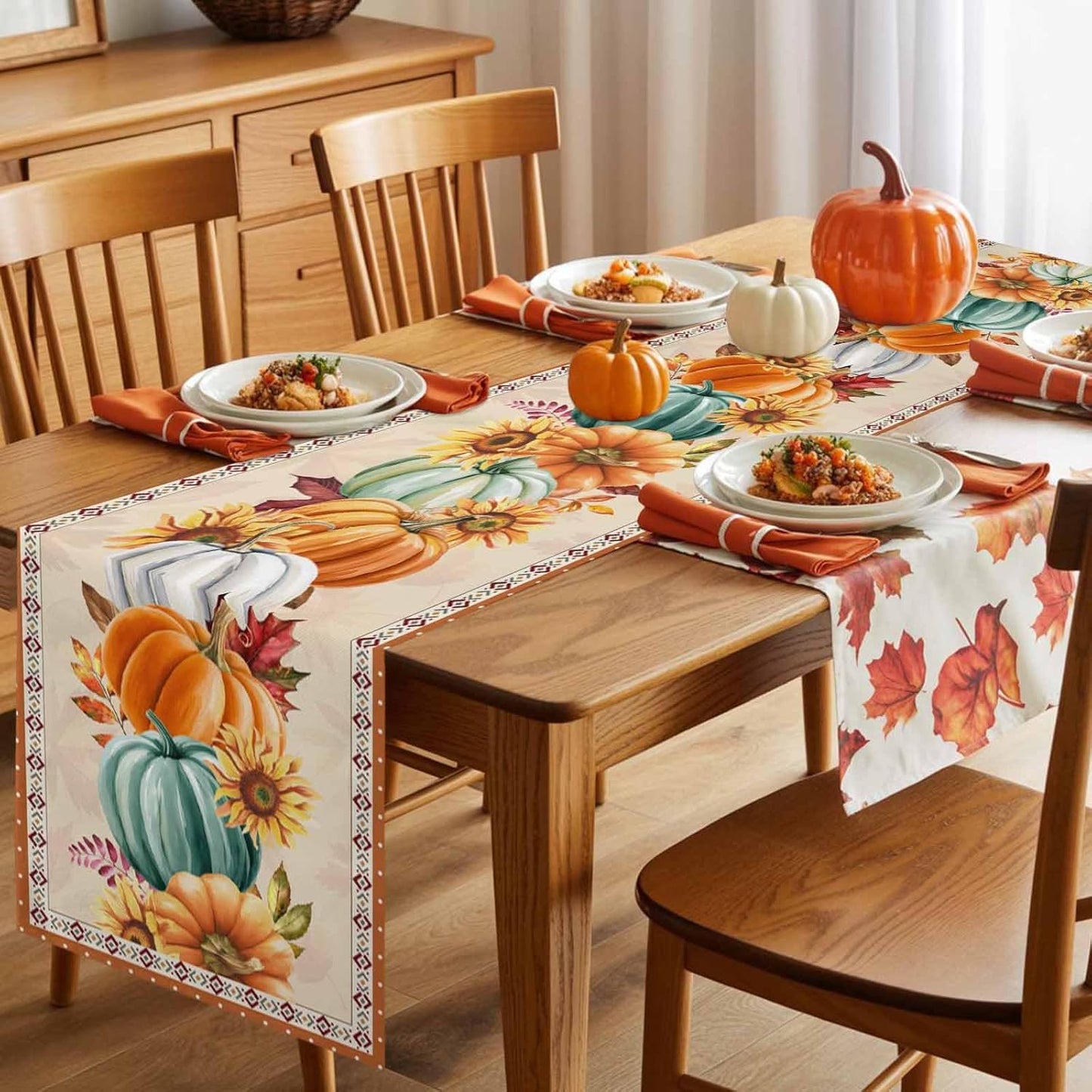LooPoP 13x108 Inches Thanksgiving Fall Pumpkin Table Runners Maple Leaf Orange Lattice Long Washable Table Runner