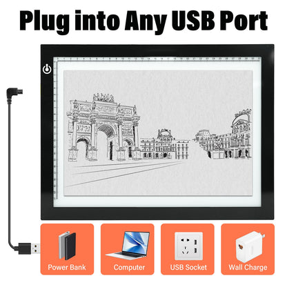 A4 LED Copy Board Tracing Light Box, Adjustable Brightness Artcraft LED Trace Light Pad, USB Power Light Table for Artists, Tattoo Drawing, Animation, Sketching, Stenciling & Diamond Art Painting