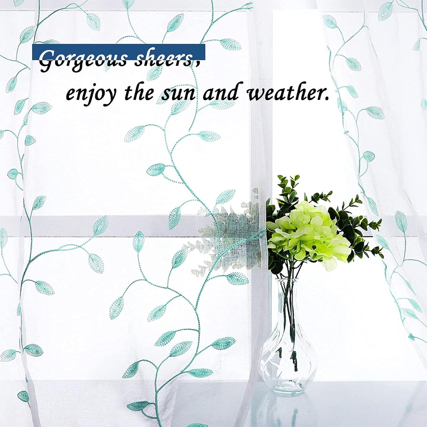 MRTREES Sheer Tier Curtains, Christmas Kitchen Tiers Rod Pocket, Leaf Embroidery Bathroom Curtain Panels, Aqua Blue