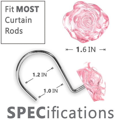 Pink Flower Shower Curtain Hooks: 12 Pcs Blush Crystal Ice Textured Decorative Rings for Floral Rose Leaf Plant Spring Shower Curtain - Cute Rustproof Hangers for Girls Bathroom & Valentines Day Decor