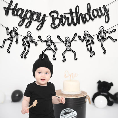 Skeleton Birthday Party Banner Halloween Party Decorations Dancing Skeleton Cutout Banner Glitter Black Skull Party Decoration for Halloween Holiday Celebration Supplies