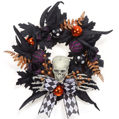 Adeeing Halloween Wreath for Front Door Halloween Skeleton Decorations, 20 Inch Pumpkin Wreath with Skull Black Roses Maple Leaves for Window Indoor Outside Home Party Decor