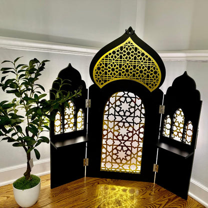 3 Panel Room Divider Folding Privacy Freestanding Partition Portable Wall for Prayer Room Privacy Screen Islamic Theme Room Divider Wood 3ft Ramadan Decorations 39.5"x38.5" (Black Gates)