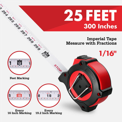 Arrow 25FT Auto-Lock Tape Measure, Easy Read Measuring Tape with Fractions 1/8″, Double Sided Measurement Tape with 1″ Blade, Belt Clip, Dual-End Metal Hook, and Rubber Protective Casing