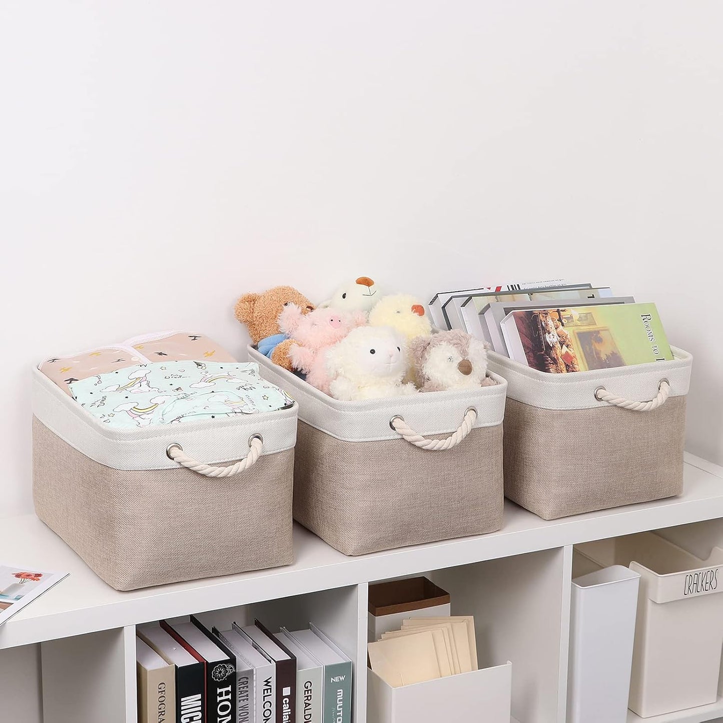 Bidtakay Large Fabric Baskets with Handles [3-Pack], Collapsible Storage Basket for Shelves, 15 x 11 x 9.5 inches,