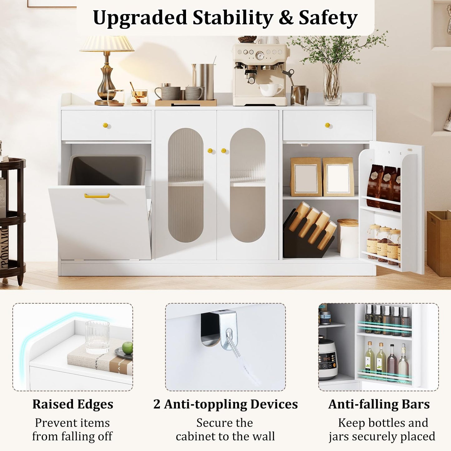 Giantex 55" Farmhouse Buffet Cabinet, Large Credenza w/Hidden Tilt Out Trash Can, 2 Glass Doors, 2 Drawers & Adjustable Shelves, Modern Sideboard Coffee Bar Cabinet for Kitchen, Dining Room (White)